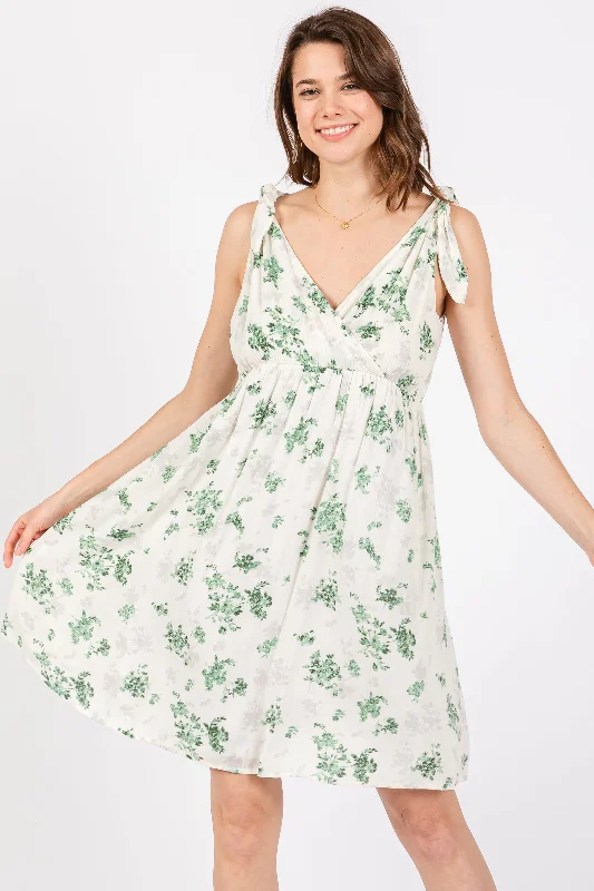 Online Specials oversized dressIvory Green Floral Knotted Wrap V-Neck Dress