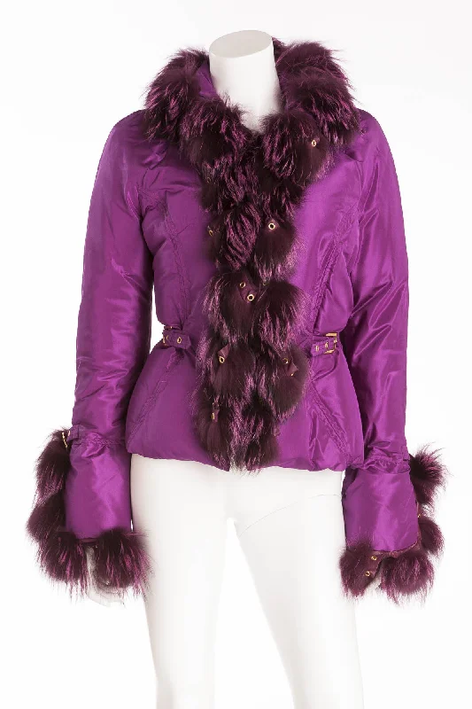 stylish coatRoberto Cavalli - Purple Down Feather Puffy Jacket with Purple Fur Trim - IT 42