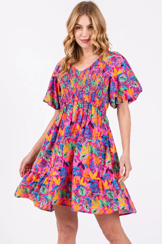 Special Offer sleek midi dressPink Multi-Color Tropical Print Ruffle Hem Dress