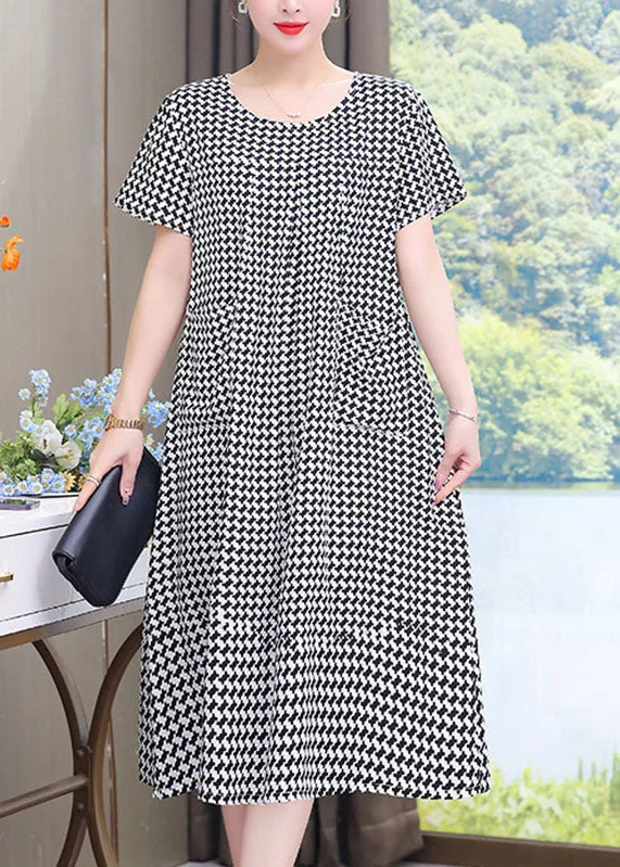 casual slip dressFrench Black O-Neck Plaid Patchwork Maxi Dresses Summer