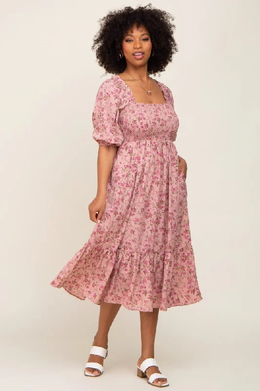 Take Advantage comfy dressPink Floral Smocked Midi Dress