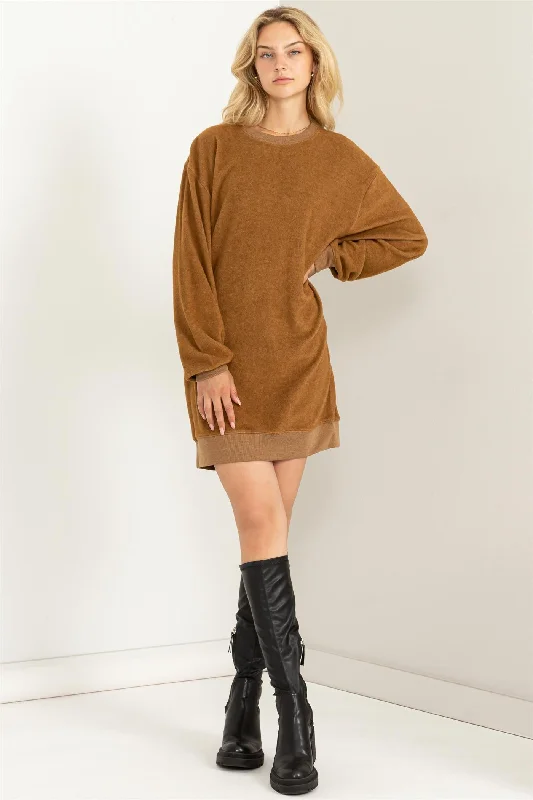 Mega Deal casual knit dressBrown Fleece Oversized Sweatshirt Mini Dress