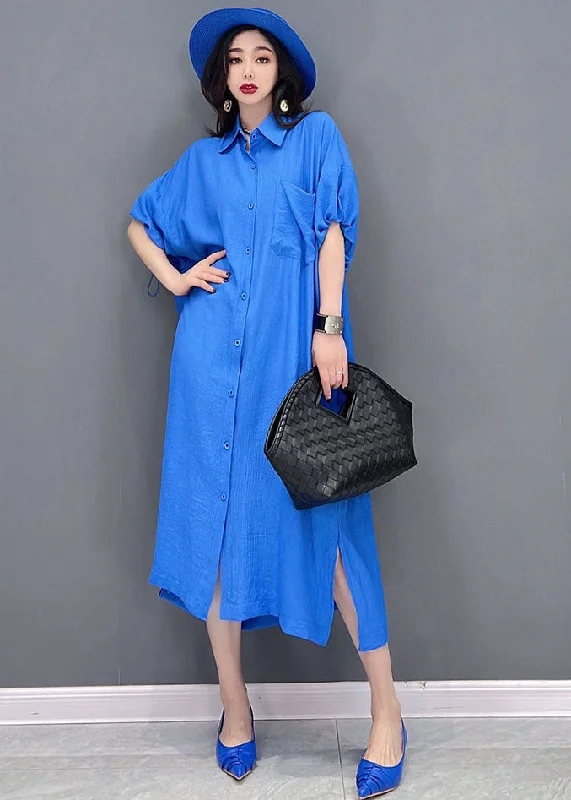 Shop and Save formal dressBaggy Blue Solid Peter Pan Collar Oversized Cotton And Linen Shirt Dress Short Sleeve