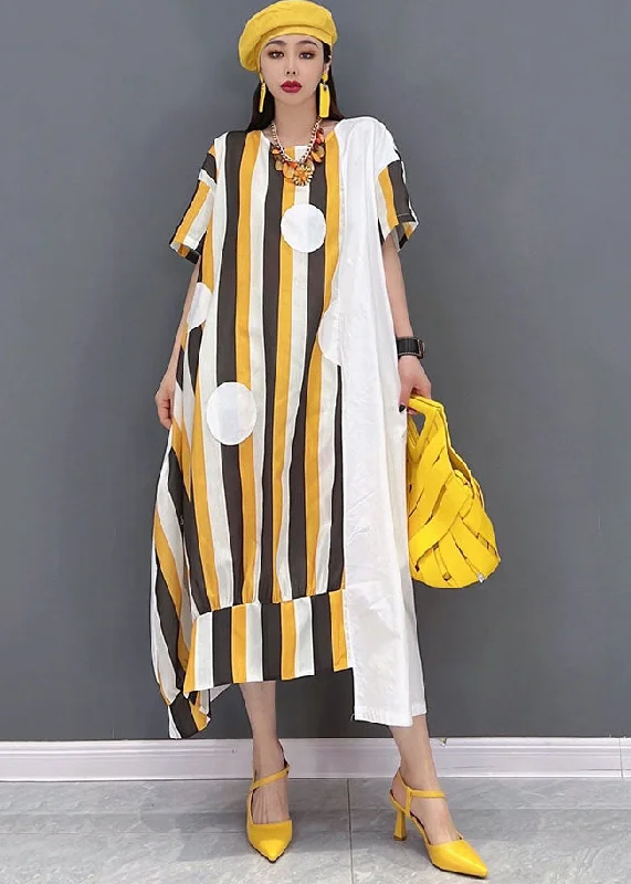 Deal of the Week summer floral dressChic Yellow Asymmetrical Striped Print Patchwork Cotton Maxi Dresses Short Sleeve