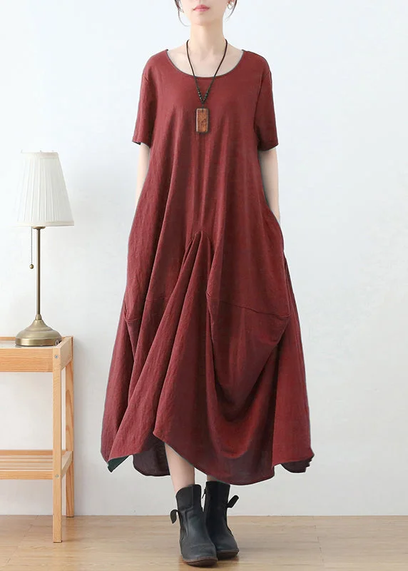 Best Deals cocktail dressBrick Red Cotton Long Dress O-Neck Asymmetrical Design Short Sleeve Best Deals cocktail dressBrick Red Cotton Long Dress O-Neck Asymmetrical Design Short Sleeve