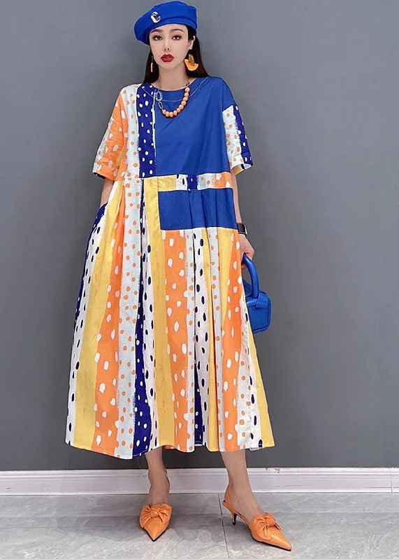 Special Offer knit dressWomen Blue Dot Print Patchwork Cotton Pleated Long Dress Short Sleeve