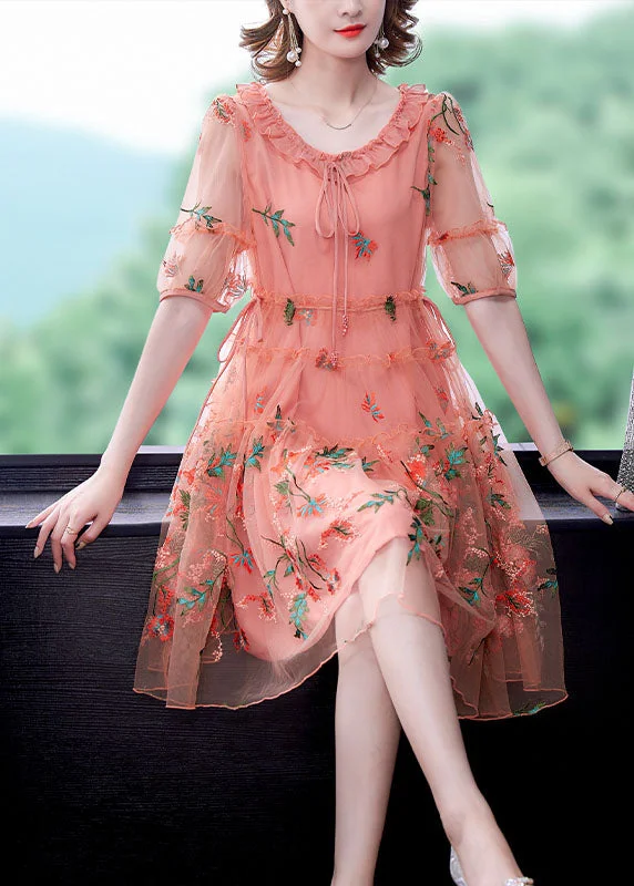 Inventory Reduction floral dressPink Tulle Mid Dresses Ruffled Embroideried Short Sleeve Inventory Reduction floral dressPink Tulle Mid Dresses Ruffled Embroideried Short Sleeve