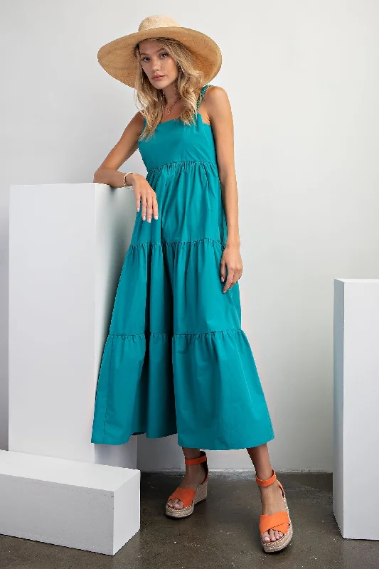 Year-End Sale playful dressTeal Square Neck Cut Out Back Tiered Maxi Dress