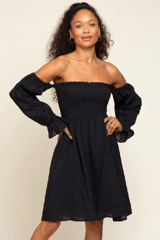 Steals and Deals cocktail party dressBlack Smocked Off Shoulder Long Sleeve Dress