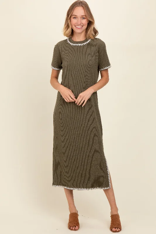 Special Price ashionable dressOlive Green Ribbed Embroidered Trim Short Sleeve Midi Dress Special Price ashionable dressOlive Green Ribbed Embroidered Trim Short Sleeve Midi Dress