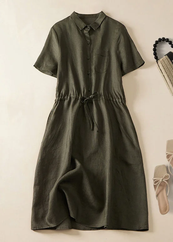 stylish dressWomen Army Green Lace Up Button Linen Dress Summer