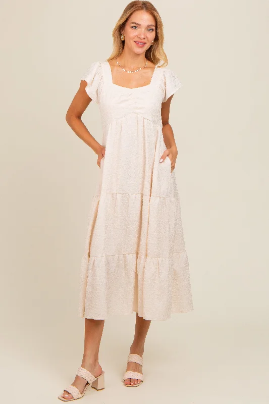 Discount Days evening dressIvory Textured Sweetheart Neck Short Puff Sleeve Tiered Midi Dress Discount Days evening dressIvory Textured Sweetheart Neck Short Puff Sleeve Tiered Midi Dress