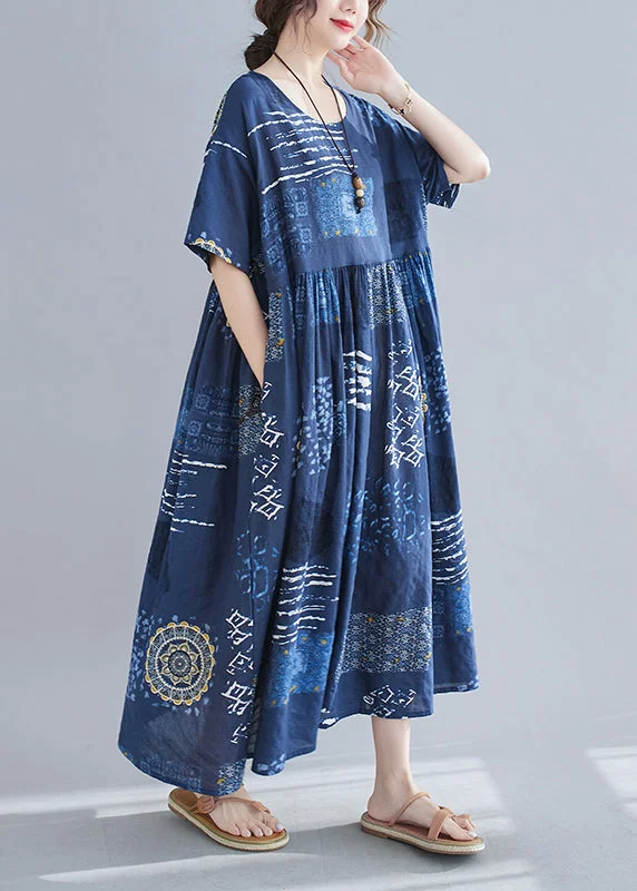 Price Drop trendy dressLoose Blue O-Neck Print wrinkled Beach Dress Short Sleeve
