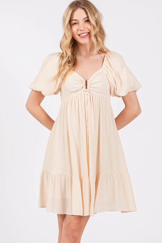 Steals and Deals ruched dressCream U Notched Bubble Short Sleeve Dress