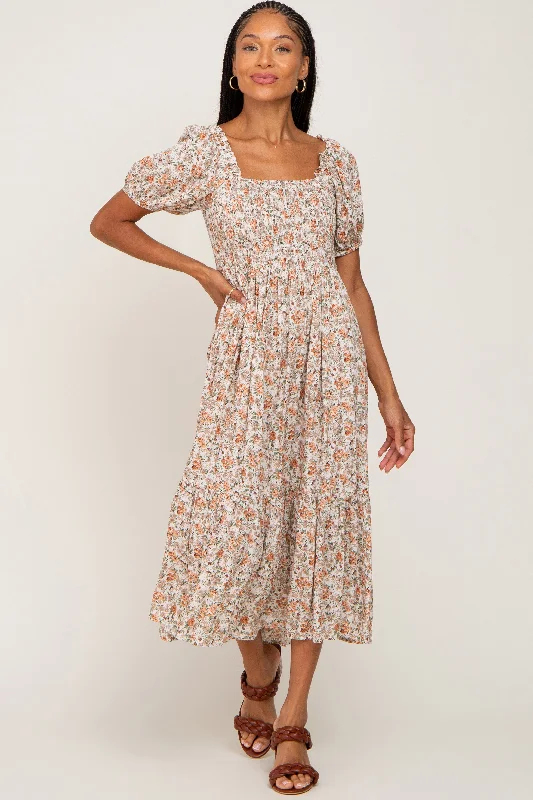 The Best Prices long sleeve dressTaupe Floral Smocked Puff Sleeve Midi Dress