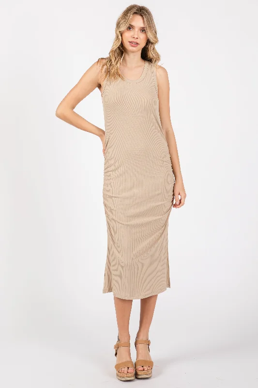 Discount Extravaganza floral wrap dressTaupe Sleeveless Ribbed Ruched Dress