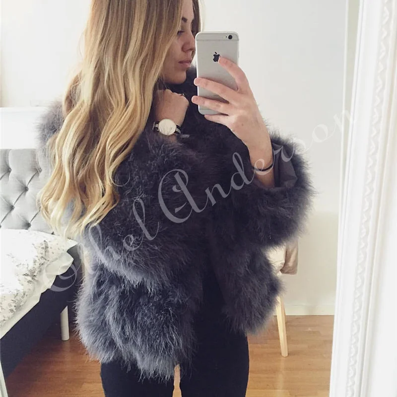 chic wool coatNew Season's 100% Fluffy Feather Fever Fur Jackets Handmade Knitted Genuine Ostrich Fur Coat Women Retail Natural Fur Jacket