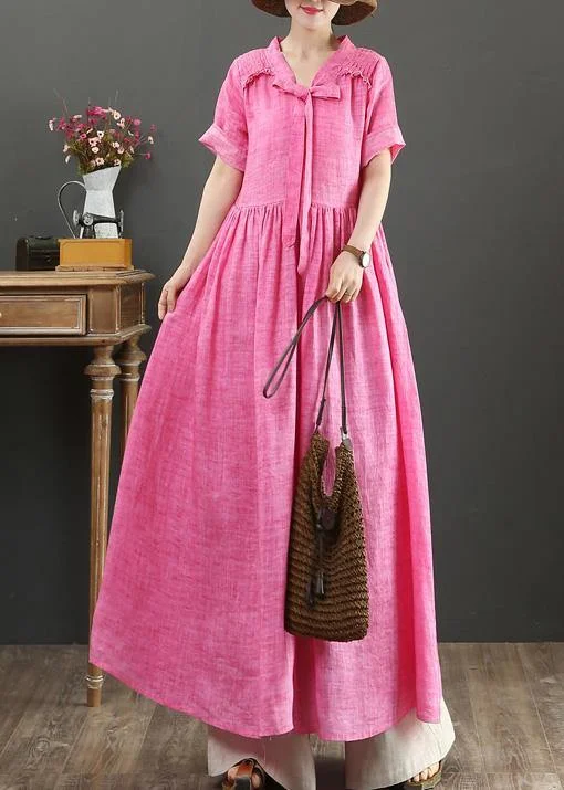 Clearance Sale off-shoulder dressWomen rose linen cotton clothes For Women v neck Bow Art summer Dress