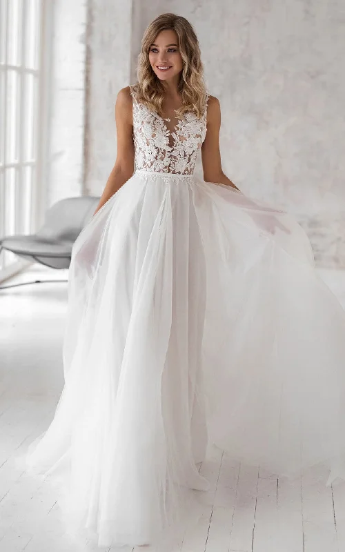 ashionable dressBohemian V-neck A Line Lace and Tulle Sweep Train Wedding Dress with Appliques-716045