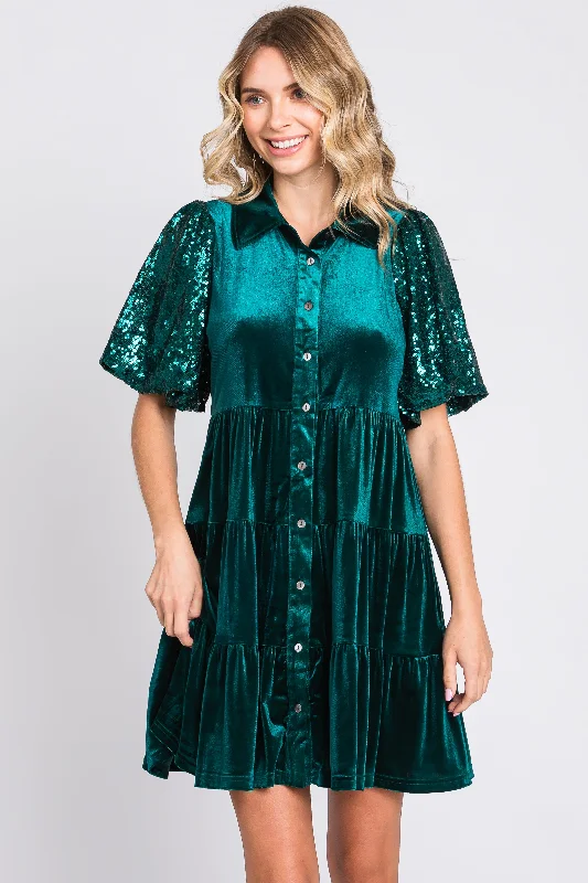 TIME-Limited Offer minimalistic dressForest Green Velvet Tiered Sequin Short Sleeve Dress TIME-Limited Offer minimalistic dressForest Green Velvet Tiered Sequin Short Sleeve Dress